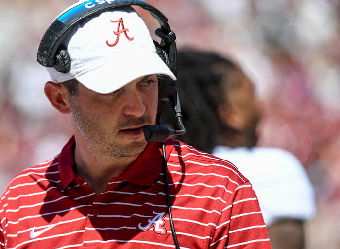 Apr 22, 2023; Tuscaloosa, AL, USA; White team coach Tommy Rees, Alabama s offensive coordinator, talks to players on the sideline during the A-Day game at Bryant-Denny Stadium. Mandatory Credit: Gary Cosby-USA TODAY Sports